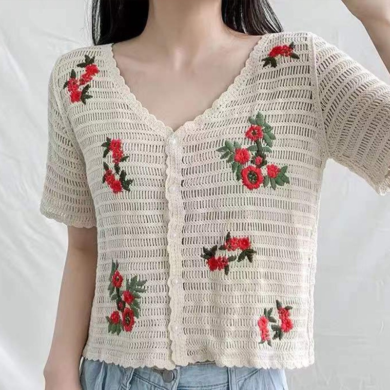 Áo Khoác Cardigan Dệt Kim Tay Ngắn Cổ Chữ V Đính Nút Thêu Hoa Phong Cách Boho Thời Trang Mùa Hè Cho Nữ