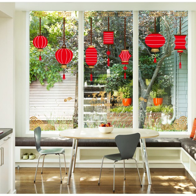 Decal trang trí Tết - Rèm Dây Lồng Đèn Đỏ kèm chữ vàng ánh