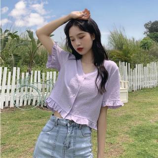 Áo Sơ Mi Tay Loe Cổ Chữ V Màu Tím Thanh Lịch Thời Trang Dành Cho Nữ