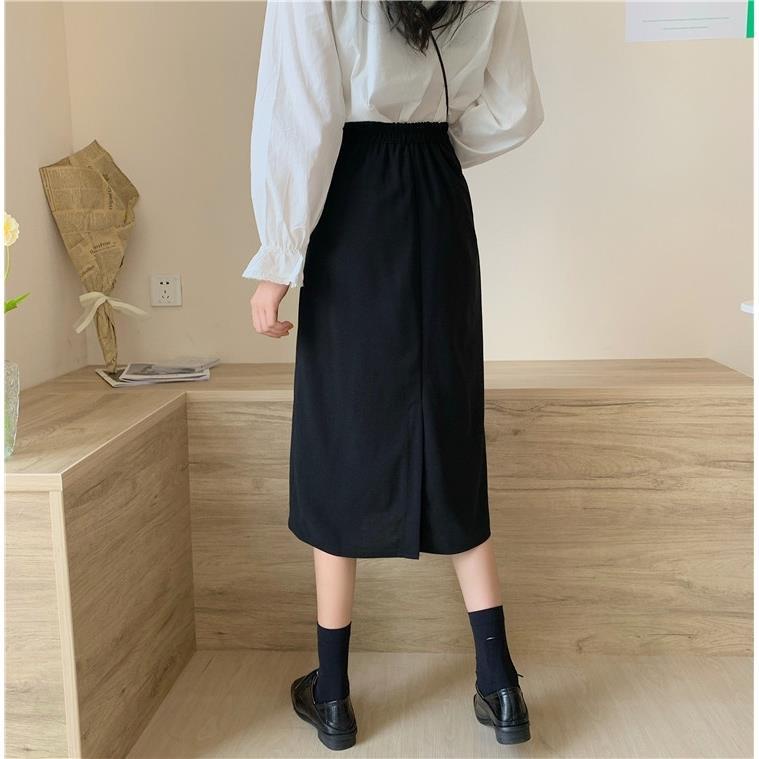 [Spot] Kiểu mới cộng với size / béo mm / dài vừa phải / đen / váy / cạp cao / xẻ tà / váy chữ A / váy một bước ngang hông