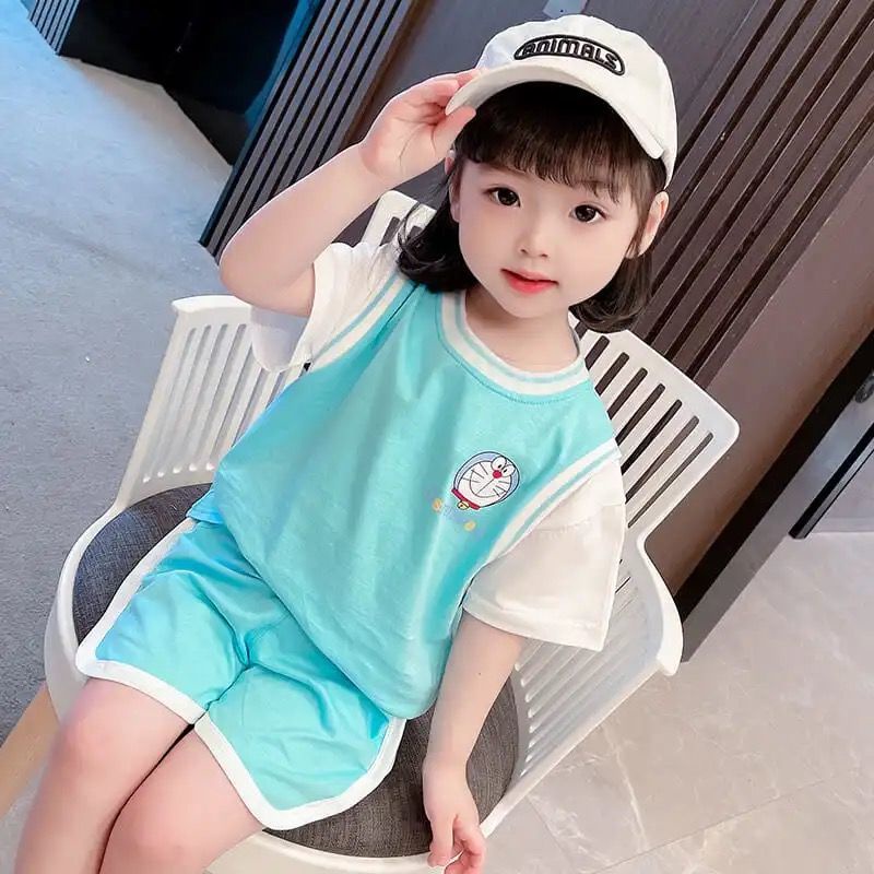 Bộ Áo Thun Ngắn Tay In Hoạt Hình + Quần Short Thời Trang Mùa Hè Hàn Quốc 2023 Cho Bé Gái