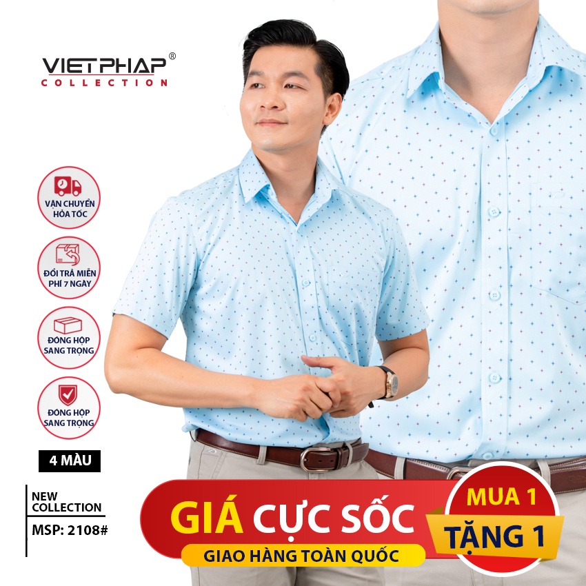 Sơ Mi Nam Tay Ngắn Vạt Ngang Cao Cấp Việt Pháp 2108 - HÀNG CHÍNH HÃNG