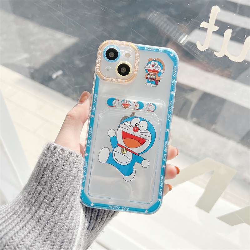 Ốp Điện Thoại Dẻo Họa Tiết Hoạt Hình Doremon Kèm Ngăn Đựng Thẻ Cho iPhone 7 8 Plus X XR XS Max 11 12 13 Pro Max SE 2020