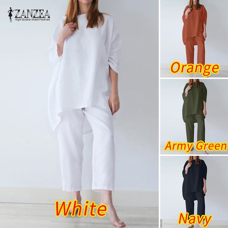 ZANZEA Bộ Áo Tay 3/4 Kiểu Dáng Đơn Giản + Quần Dài Ống Rộng Phong Cách Châu Âu Cho Nữ