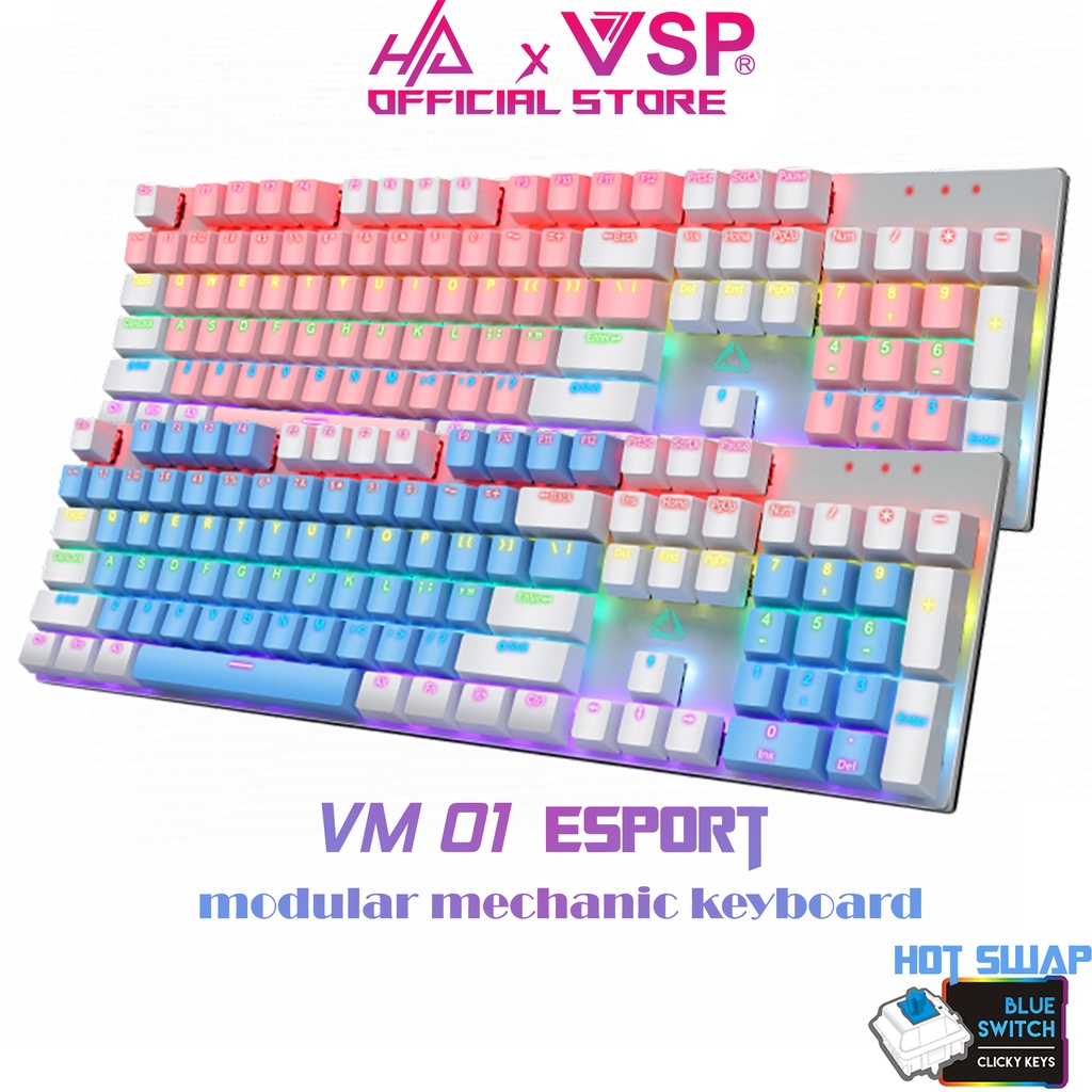 Bàn phím cơ VSP Esport VM01 Blue Switch, Hot-swap, Led rainbow 8 mode, tặng kèm 6 switch - CHÍNH HÃNG BH 12TH
