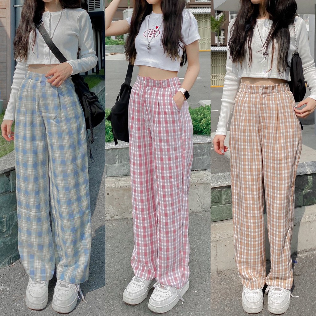 Quần Caro Nữ Lưng Cao Ống Rộng LUSI Phong Cách Ulzzang - Tuni Store