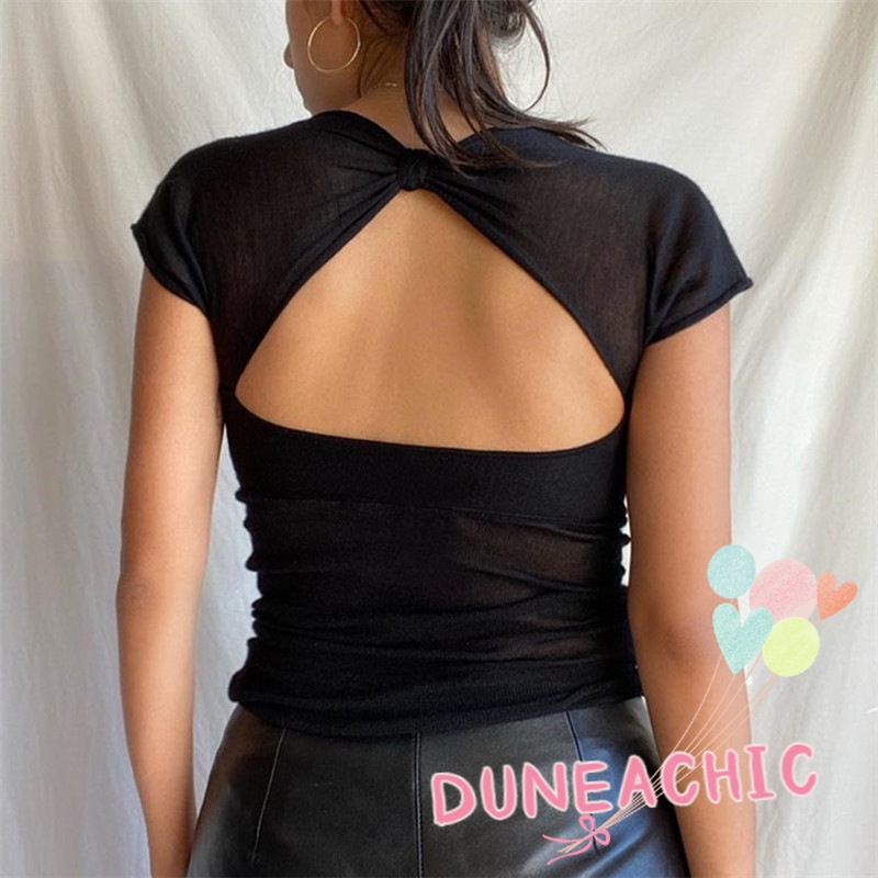 Áo Thun Trơn Cổ Vuông Ngắn Tay Hở Lưng Thời Trang Đường Phố Cá Tính Dành Cho Nữ L0802