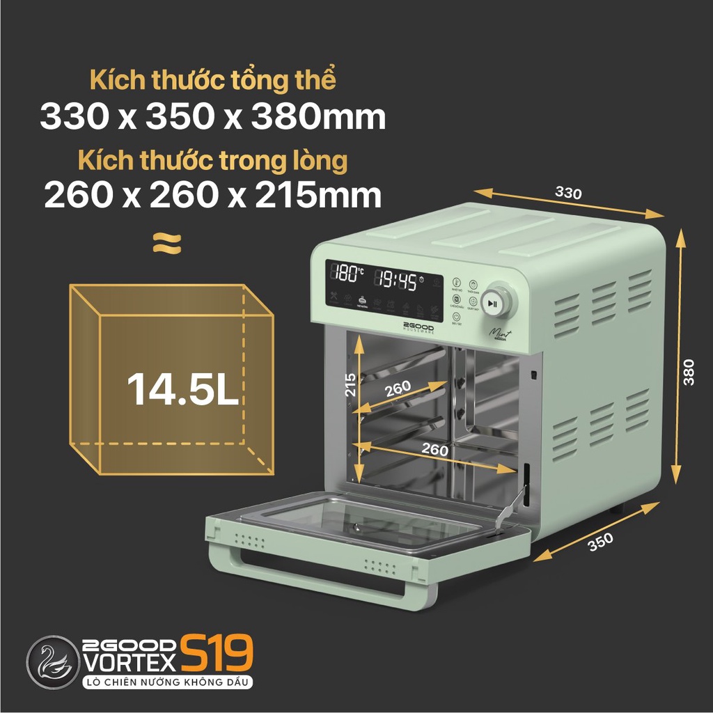 Nồi Chiên Không Dầu 14.5 Lít 2Good S19 Thương Hiệu Malaysia Màn Hình LCD Nút Bấm Cơ Cảm Biến Inox 304