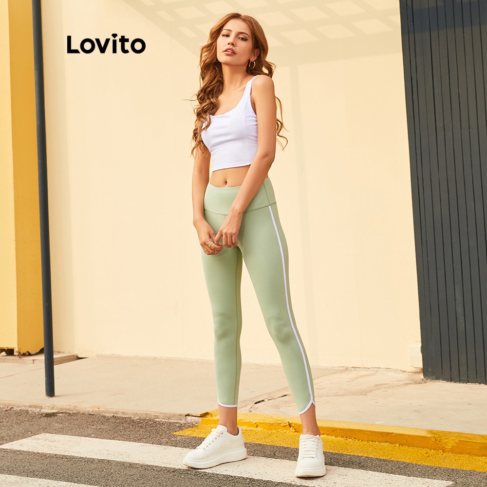 Quần legging thể thao Lovito đường viền tương phản phối màu sắc thời trang L14D039 (Màu xanh lá)