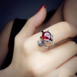 Nhẫn hồ ly đá đỏ freesize chuẩn bạc ý 925 sơn đen