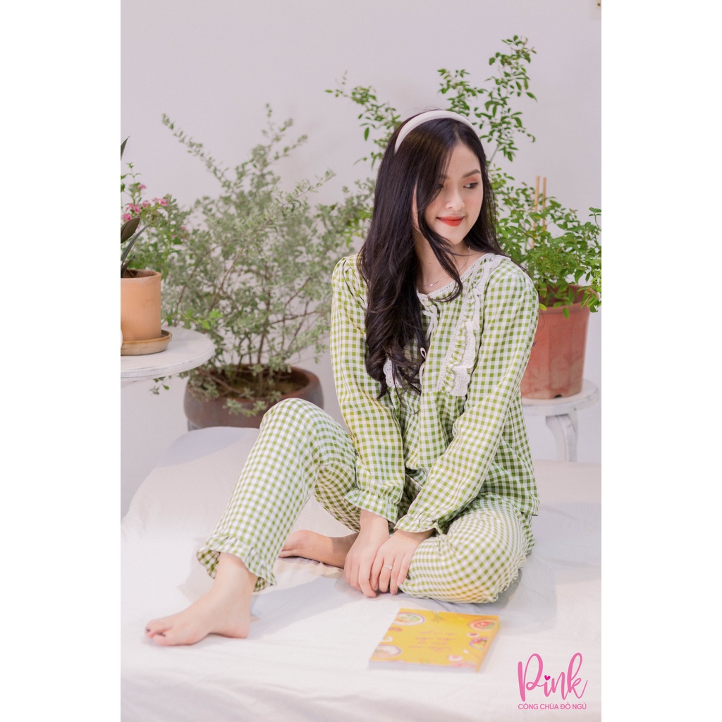 Bộ Ngủ Nữ Pijama Dài Tay Xanh Lục Caro Chất Vải Kate Ấm Siêu Mềm Mịn Đồ Nữ Mùa Đông Thời Trang Hàn Quốc Nữ Tính