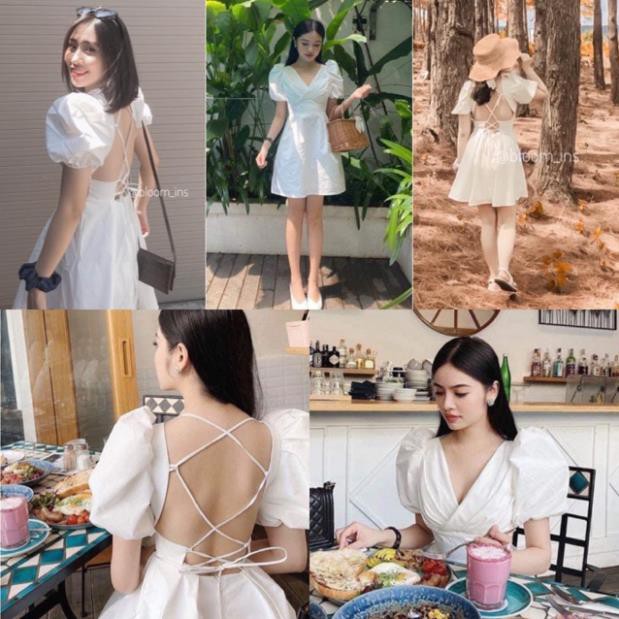 Đầm Trắng Ruen Dress váy xinh dự tiệc from chuẩn xếp li chéo trước ngực cổ V hở lưng đan dây chéo có mút ngực  ཾ