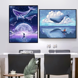 Bộ tranh sơn dầu thủ công họa tiết cá voi độc đáo kèm phụ kiện trang trí nội thất