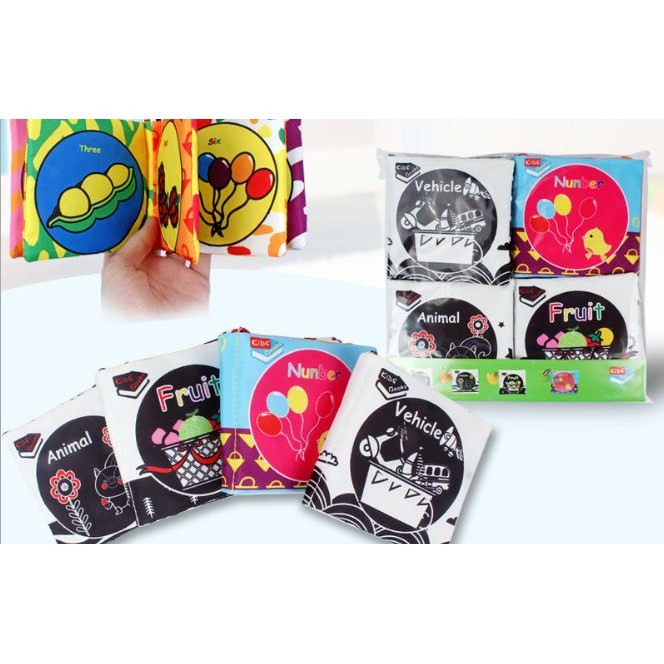 Đồ chơi,sách vải an toàn cho bé sơ sinh,set 4 cuốn sách vải đen trắng màu kèm 4 gặm nướu phát triển giác quan cho bé