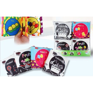 Đồ chơi,sách vải an toàn cho bé sơ sinh,set 4 cuốn sách vải đen trắng màu kèm 4 gặm nướu phát triển giác quan cho bé