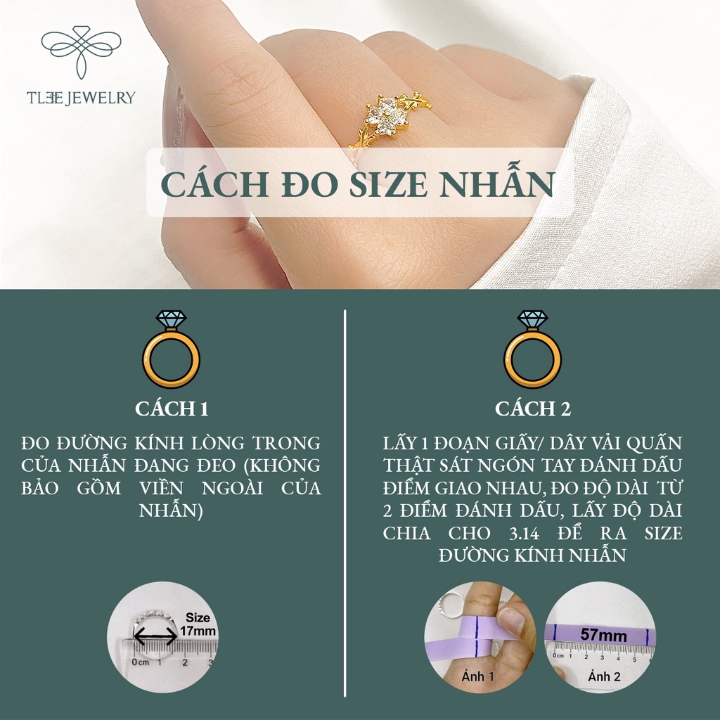 Nhẫn bạc nữ TLEE cỏ bốn lá mạ vàng 14k đính đá cao cấp NCJ A0135