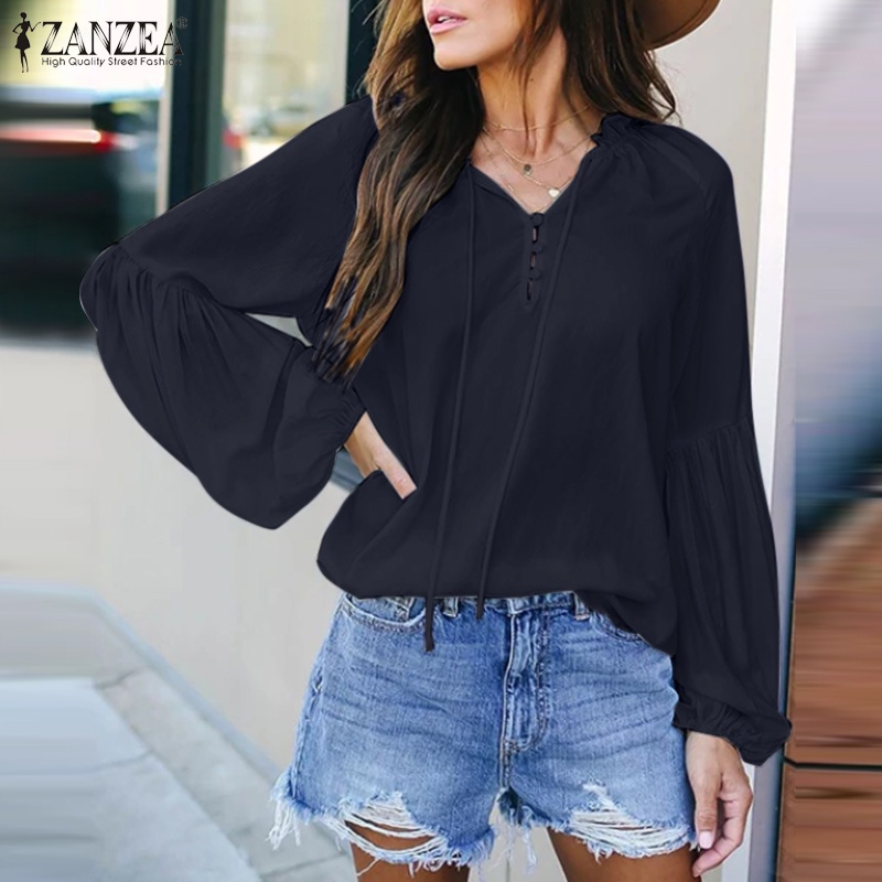 Áo kiểu ZANZEA cổ tròn tay phồng xếp nếp màu trơn phong cách Châu Âu thời trang dành cho nữ