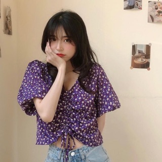 Áo kiểu hoa nhí tím dây rút