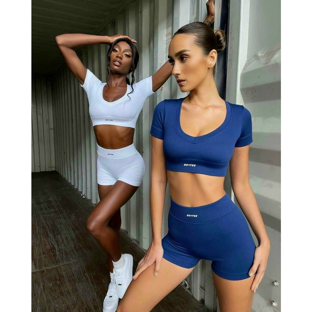 Bộ đồ tập gym yoga thể thao nữ, set quần đùi áo crop dệt kim quảng châu cao cấp Bin Sports BN079