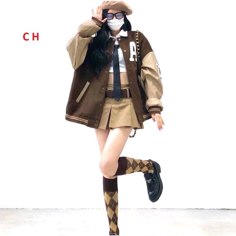 Áo khoác bomber jacket nam nữ phối Nâu Boin Chữ A  In Lucky, chất da cá dày siêu đẹp; Trend 2022