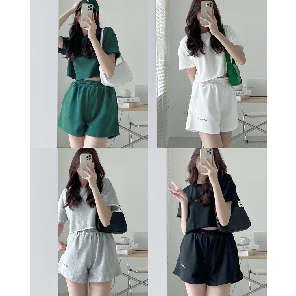 Set croptop thun trơn cá tính nữ - Bộ CRT hè kèm quần short, siêu xinh HOT TREND