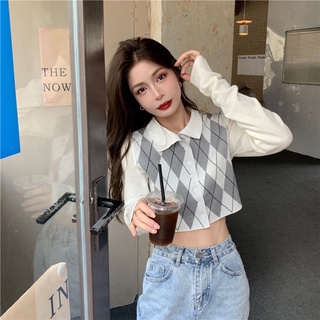 Áo len croptop dài ta hoạ tiết kẻ có cổ