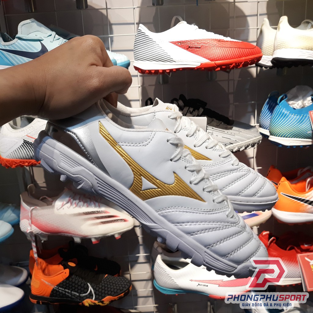 [ Có video ] Giày Bóng Đá Mizuno Morelia Neo TF Trắng Vạch Vàng