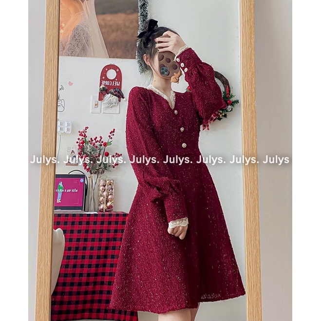 Đầm dạ tweed đỏ ren cổ cúc ngọc (ảnh thật shop chụp kèm video) | BigBuy360 - bigbuy360.vn