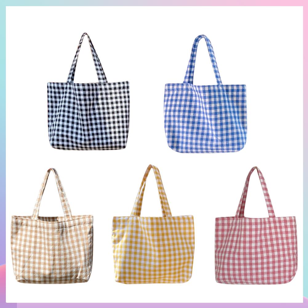 Túi tote xách tay bằng vải mua sắm/đựng đồ ăn trưa dã ngoại họa tiết caro nhỏ gọn cho nữ