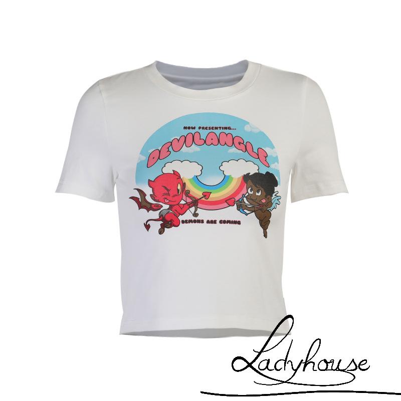 Áo Thun Tay Ngắn Cổ Tròn In Hình Thiên Thần Ác Quỷ Thời Trang Dành Cho Nữ