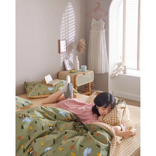 Bộ chăn ga gối  Cotton lụa kẻ vàng (mẫu mới)