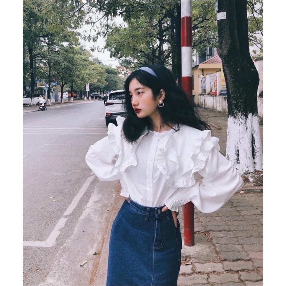 Áo sơ mi trắng nữ cổ bèo tay bồng bo chun tiểu thư form rộng vừa đi chơi đi làm năng động trẻ trung ASM03