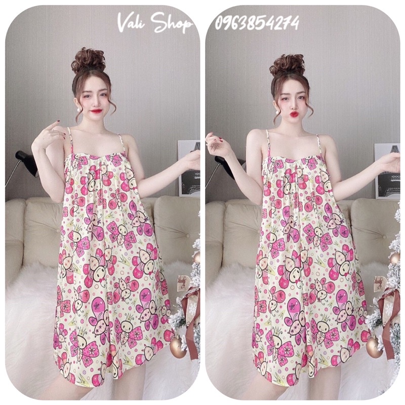 Váy ngủ lụa latin 2 dây xếp ly hoạ tiết freesize 42-60kg