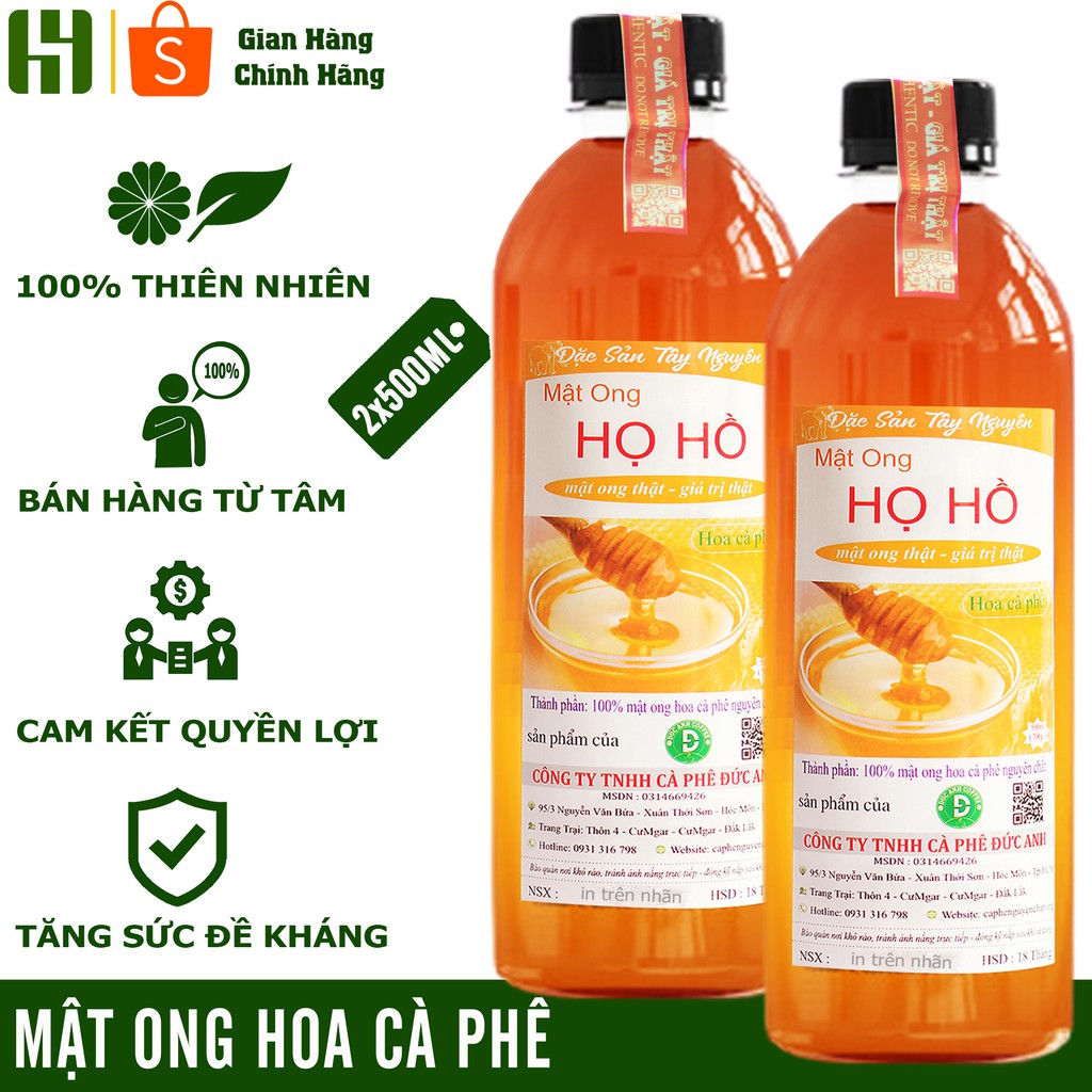 1 Lít Mật Ong Nguyên Chất Hoa Cà Phê Thương Hiệu Họ Hồ - Cam kết nguyên chất 100% - top bán chạy