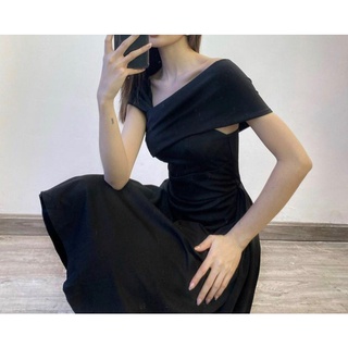 [Ảnh thật] Đầm thun midi lệch vai