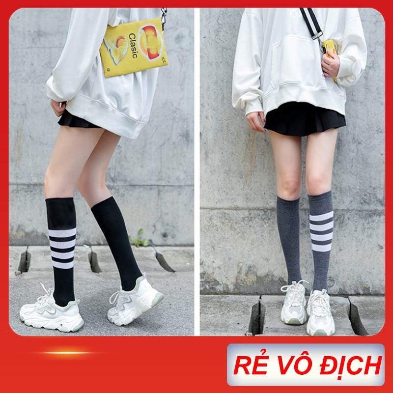 Tất vớ nữ cao cổ dài dưới gối ulzzang Hàn Quốc loại 4 sọc dày dặn 90% cotton dài 38cm