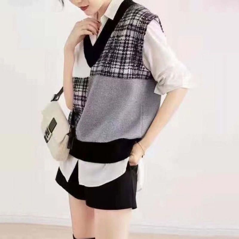 Áo Len Không Tay Cổ Chữ v Form Rộng Họa Tiết Sọc Caro Phong Cách Retro Hàn Quốc