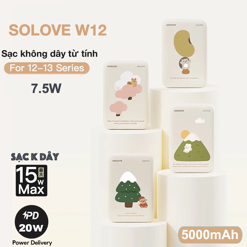 Sạc Dự Phòng Không Dây PD 20W SOLOVE W12 5000mAh,Sạc không dây từ tính for iOS 7.5W,Sạc k dây Max 15W
