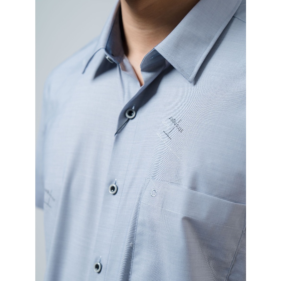 Áo sơ mi nam ngắn tay OWEN AR220031NT somi công sở vải polyester cao cấp màu ghi chữ trắng dáng suông tà lượn có túi