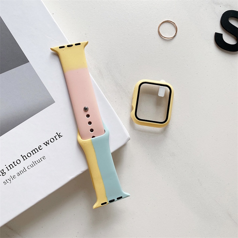 Dây đeo thay thế bằng silicon+vỏ bảo vệ đồng hồ thông minh Apple Watch 44mm 40mm 42mm 38mm Series 7 6 SE 5 4 3 2 trong 1