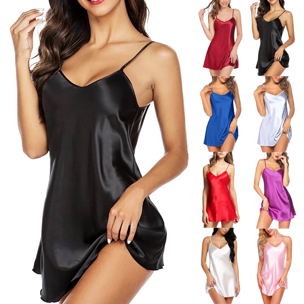 Đầm ngủ hai dây cổ bò mini bằng lụa satin gợi cảm cho nữ