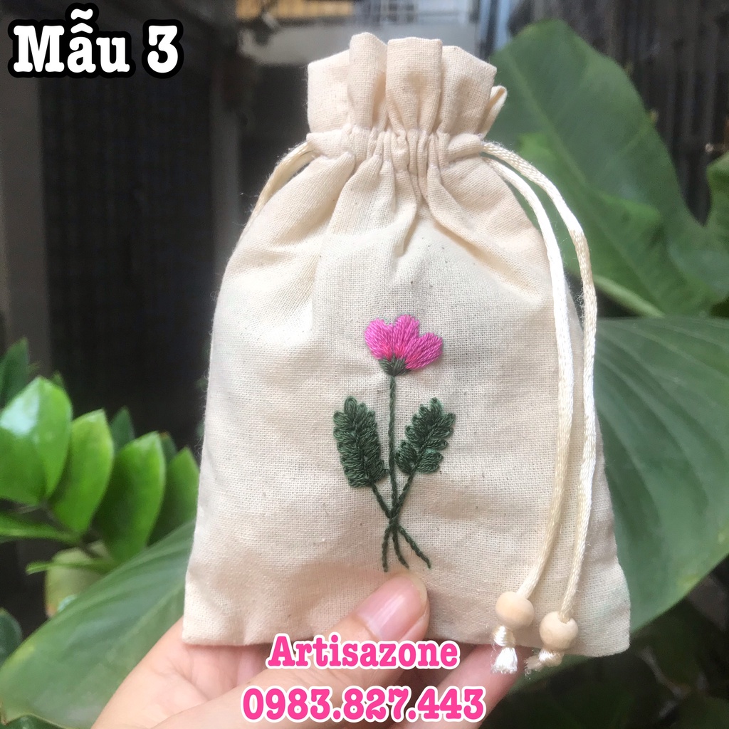 Túi vải dây rút thêu hoa mini, kích thước: 10cm x 15cm (Vải thô mộc) - 01 chiếc - (Đọc kỹ mô tả sản phẩm)