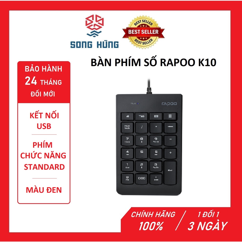 Bàn phím số Rapoo K10 - Màu Đen - HÀNG CHÍNH HÃNG - BẢO HÀNH 24 THÁNG ĐỔI MỚI