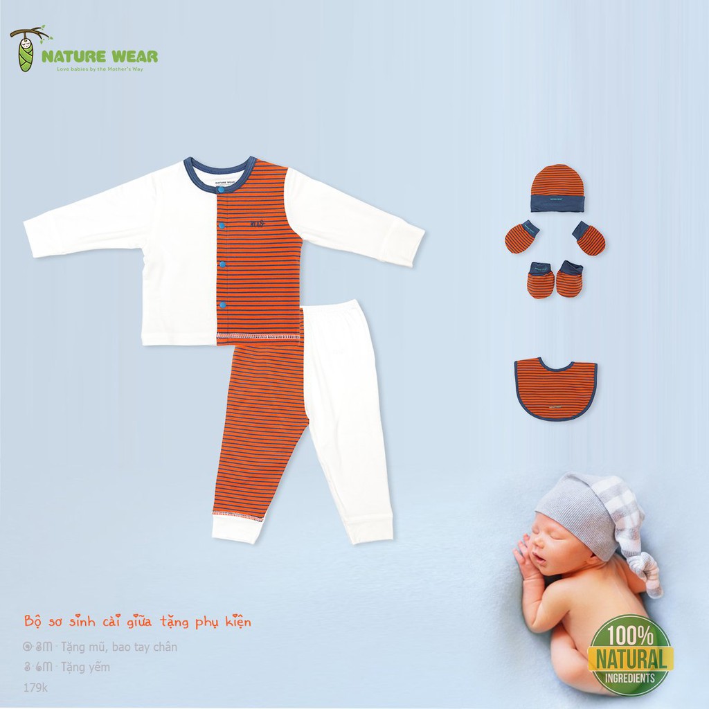Bộ sơ sinh dài cài thẳng kẻ Nature Wear