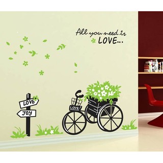 Decal trang trí mẫu xe đạp giỏ hoa xanh