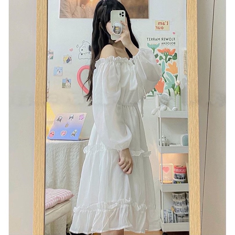 váy trắng tiểu thư trễ vai tay bồng dáng dài hai lớp, đầm trắng dự tiệc bánh bèo cá tính