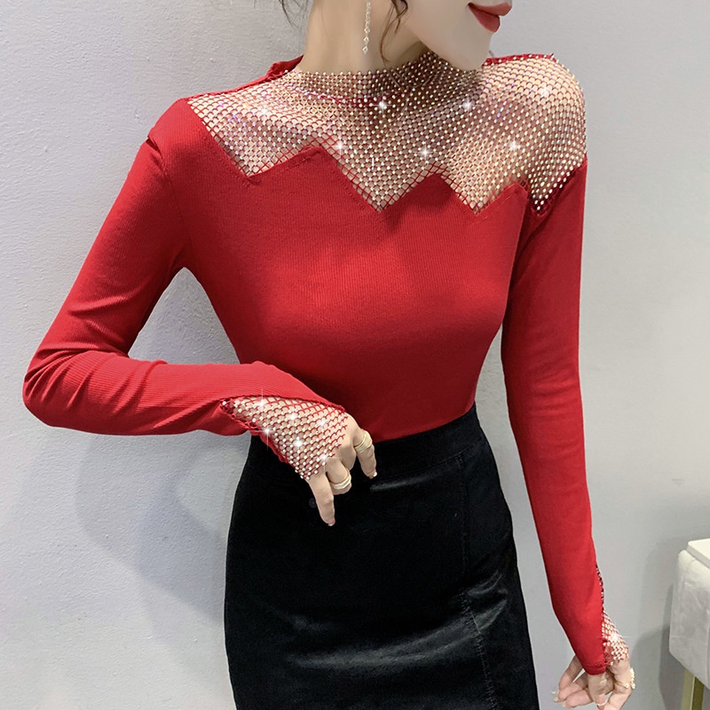 Áo lưới dài tay khoét lỗ thời trang áo sơ mi dài tay nữ áo kiểu trễ vai