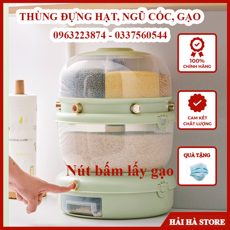 Thùng đựng hạt, ngũ cốc, đựng gạo 6 ngăn, xoay 360 độ thông minh, dung tích 9kg, chất liệu nhựa PP cao cấp