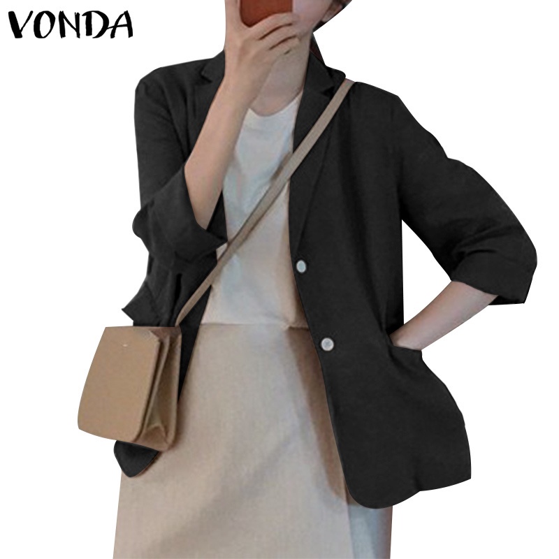 Áo khoác Blazer VONDA dài tay cổ bẻ màu trơn thời trang mùa xuân thu Hàn Quốc cho nữ | BigBuy360 - bigbuy360.vn