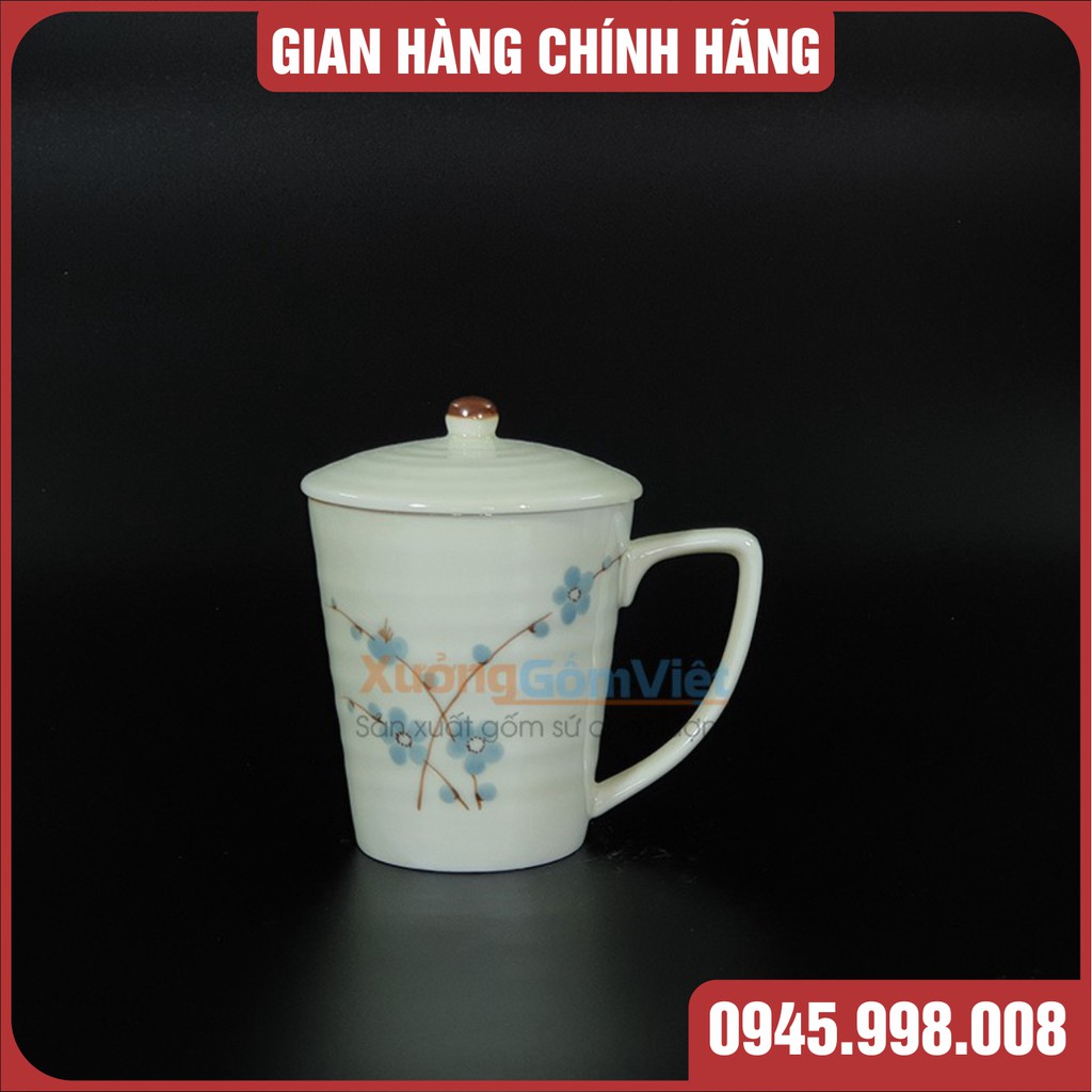 Cốc sứ có nắp vẽ đào xanh, vẽ tay hoàn toàn bởi các nghệ nhân làng Bát Tràng- Dung tích 360ml,cao 11cm- XƯỞNG GỐM VIỆT